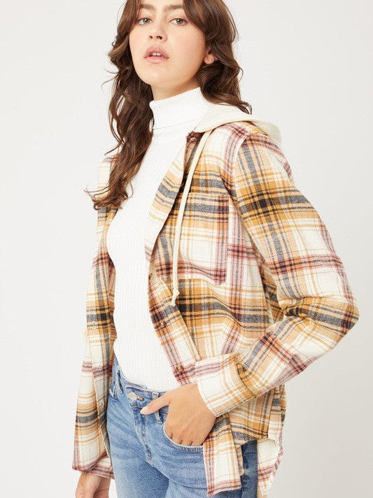 Plaid Flannel Button Up Shacket with Hood