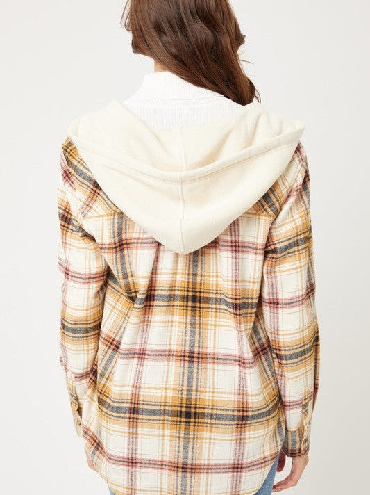 Plaid Flannel Button Up Shacket with Hood