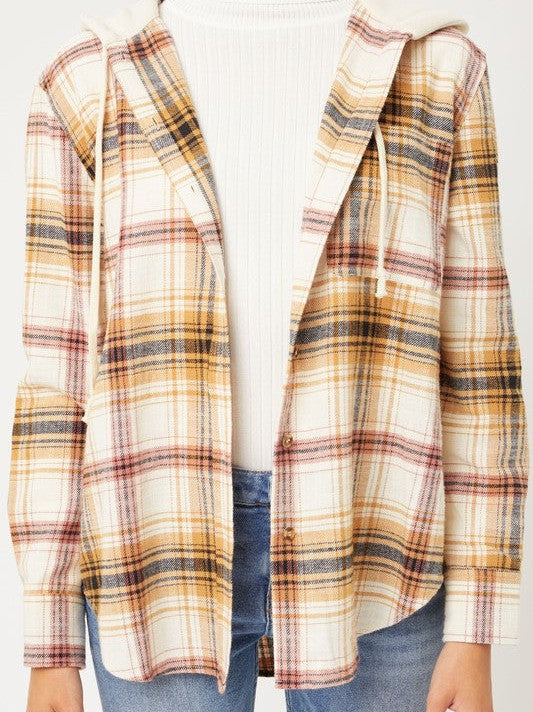 Plaid Flannel Button Up Shacket with Hood
