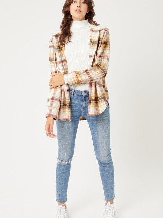 Plaid Flannel Button Up Shacket with Hood