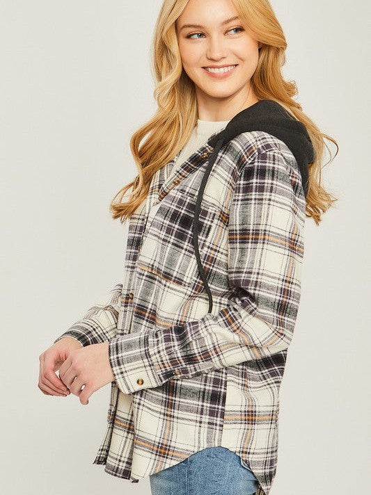 Plaid Flannel Button Up Shacket with Hood