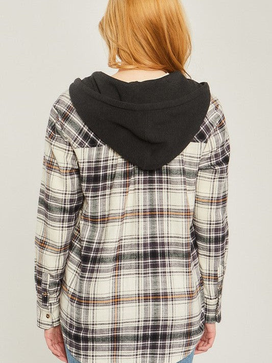Plaid Flannel Button Up Shacket with Hood