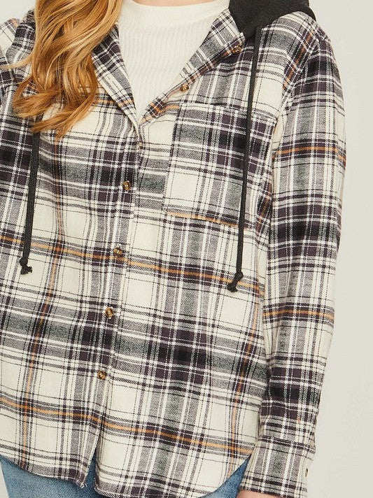 Plaid Flannel Button Up Shacket with Hood