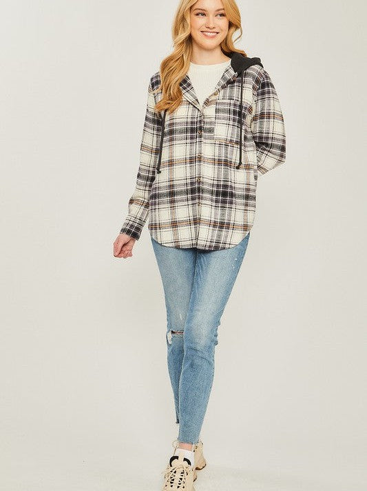 Plaid Flannel Button Up Shacket with Hood