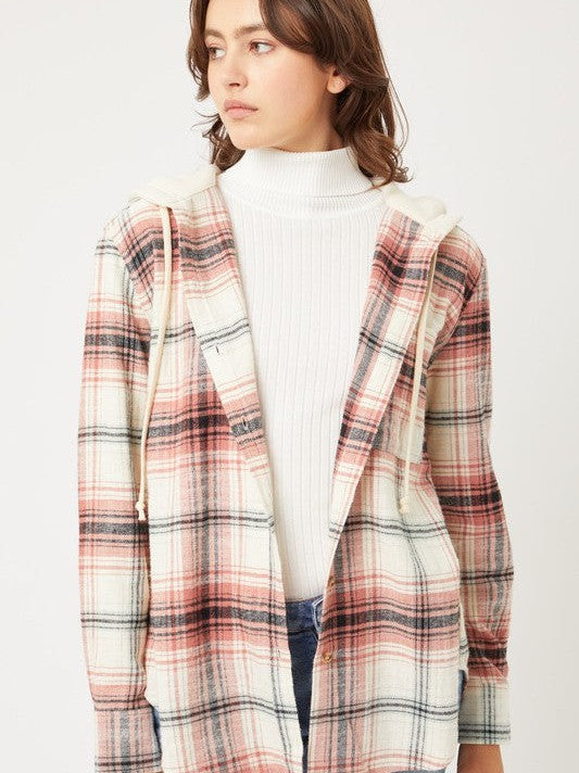 Plaid Flannel Button Up Shacket with Hood