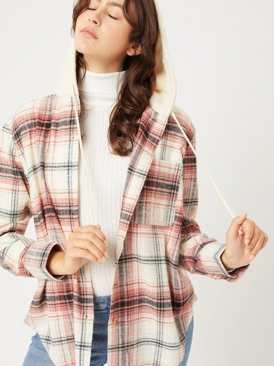 Plaid Flannel Button Up Shacket with Hood
