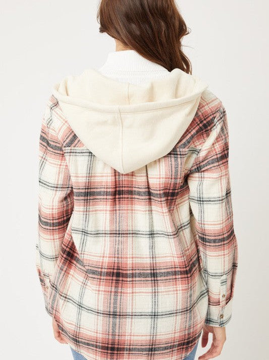 Plaid Flannel Button Up Shacket with Hood