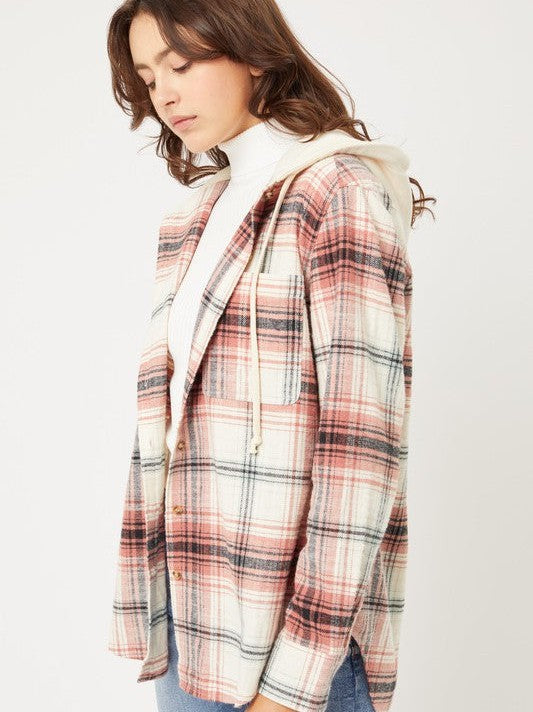 Plaid Flannel Button Up Shacket with Hood