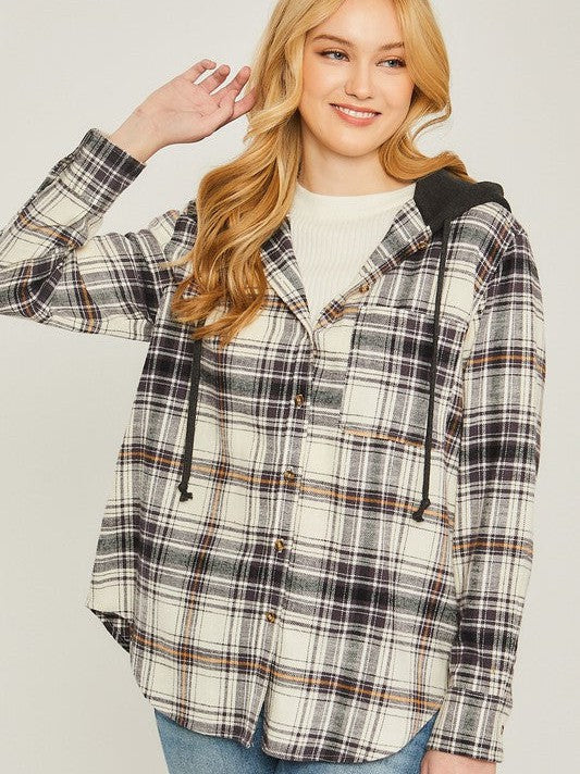 Plaid Flannel Button Up Shacket with Hood