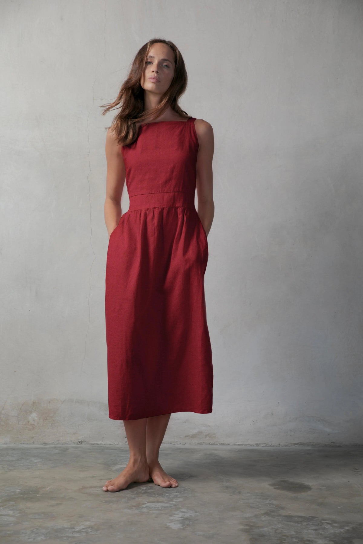 Linen Midi Dress Red Bordeaux