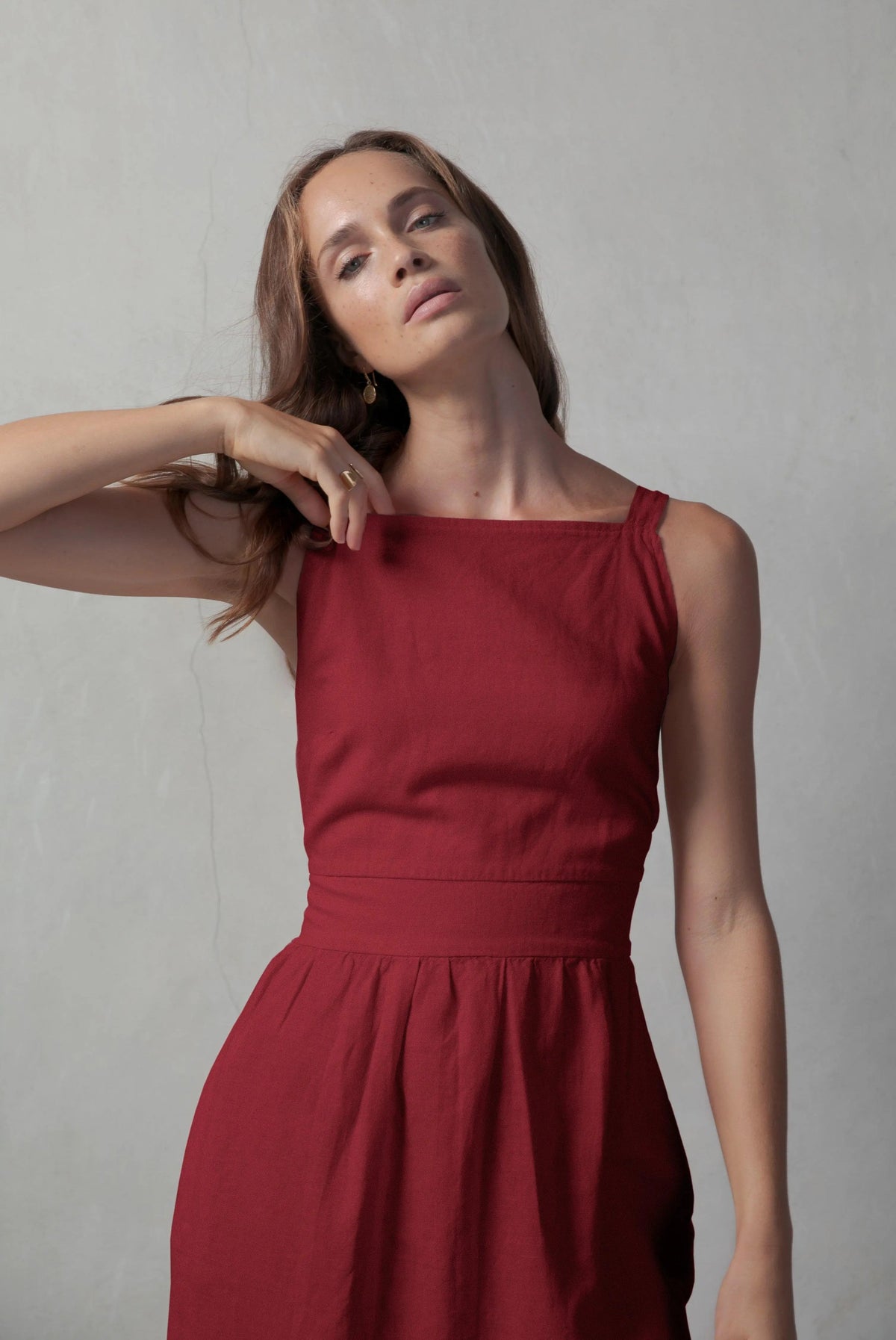 Linen Midi Dress Red Bordeaux