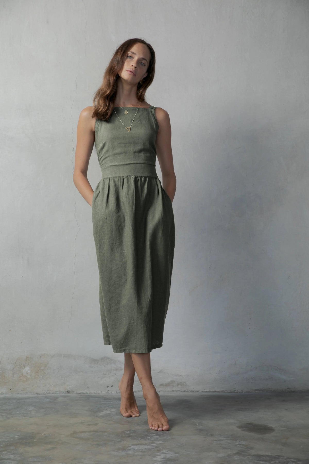 Linen Midi Dress Khaki