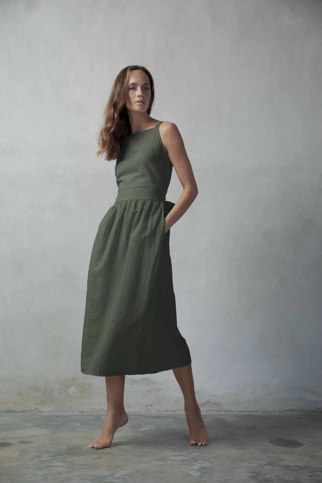 Linen Midi Dress Khaki