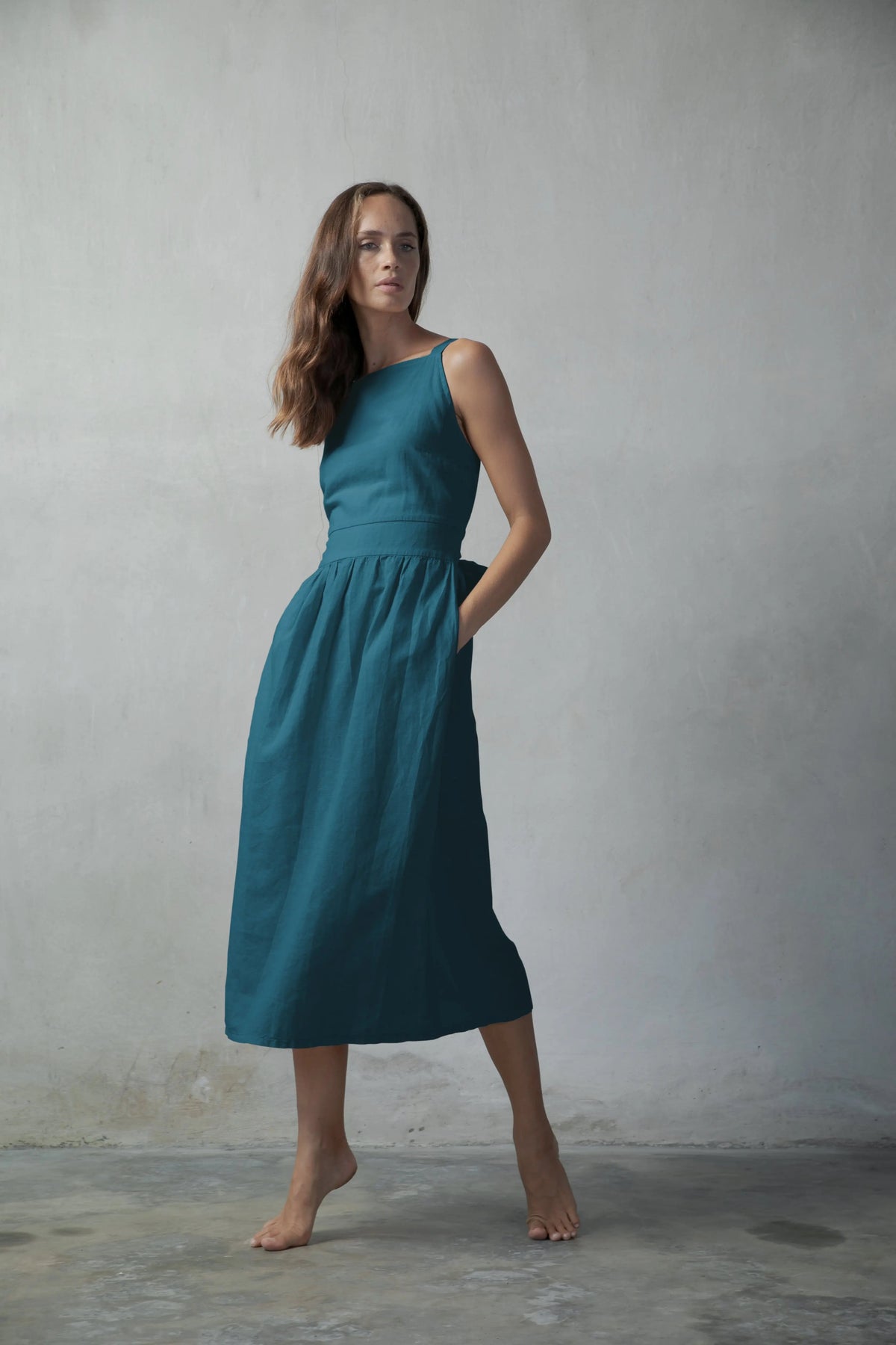 Linen Midi Dress Teal