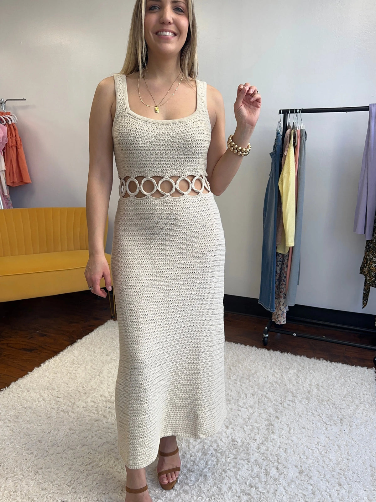 Square Neck Sleeveless Crochet  Dress