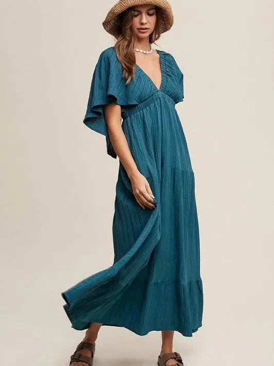V-Neck Ruffle Sleeve Flowy Maxi Dress