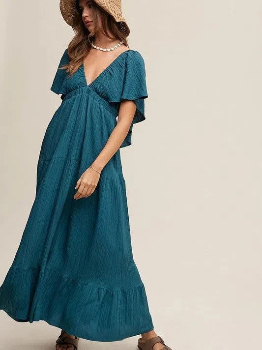 V-Neck Ruffle Sleeve Flowy Maxi Dress