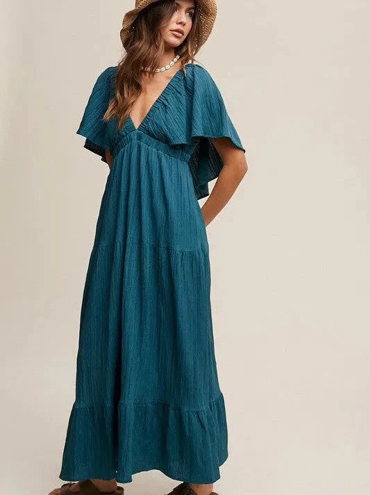 V-Neck Ruffle Sleeve Flowy Maxi Dress