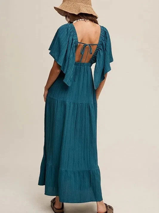 V-Neck Ruffle Sleeve Flowy Maxi Dress