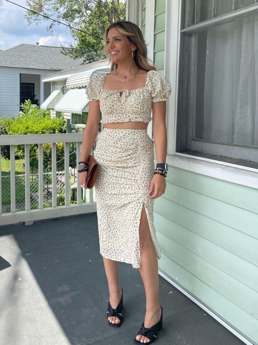 Floral Ruched Side Slit Midi Skirt