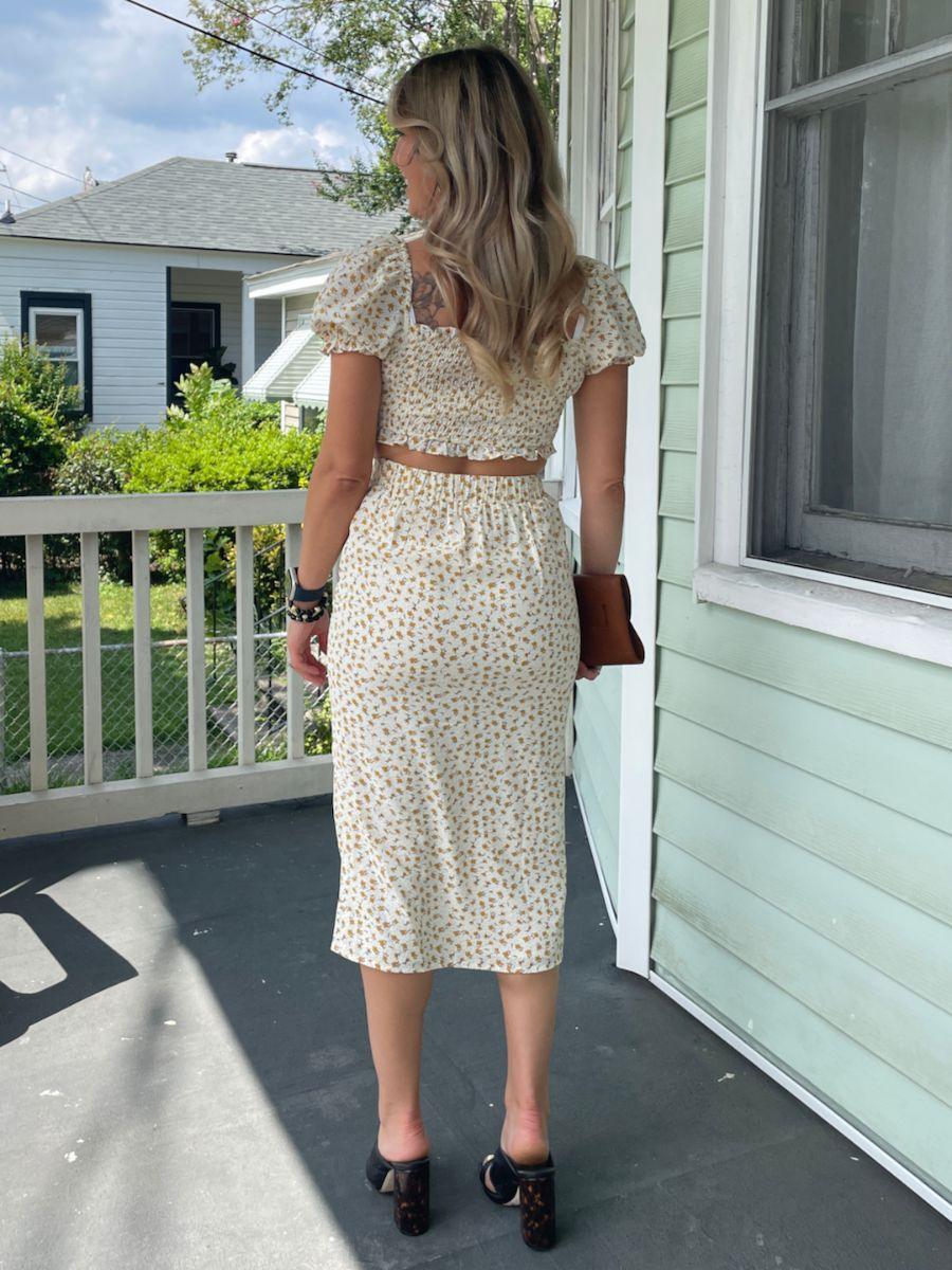 Floral Ruched Side Slit Midi Skirt