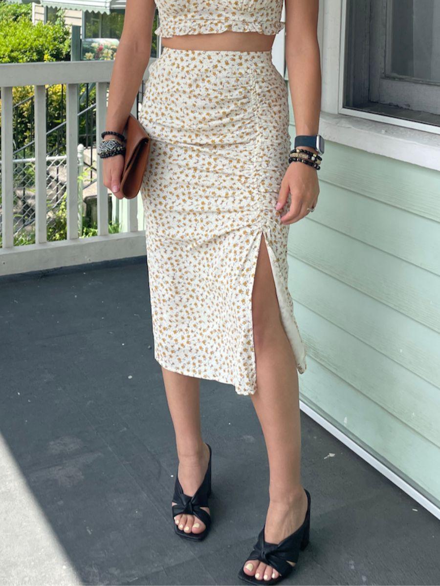 Floral Ruched Side Slit Midi Skirt
