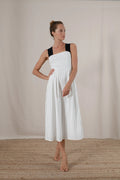 Linen Midi Dress White Pinstripe