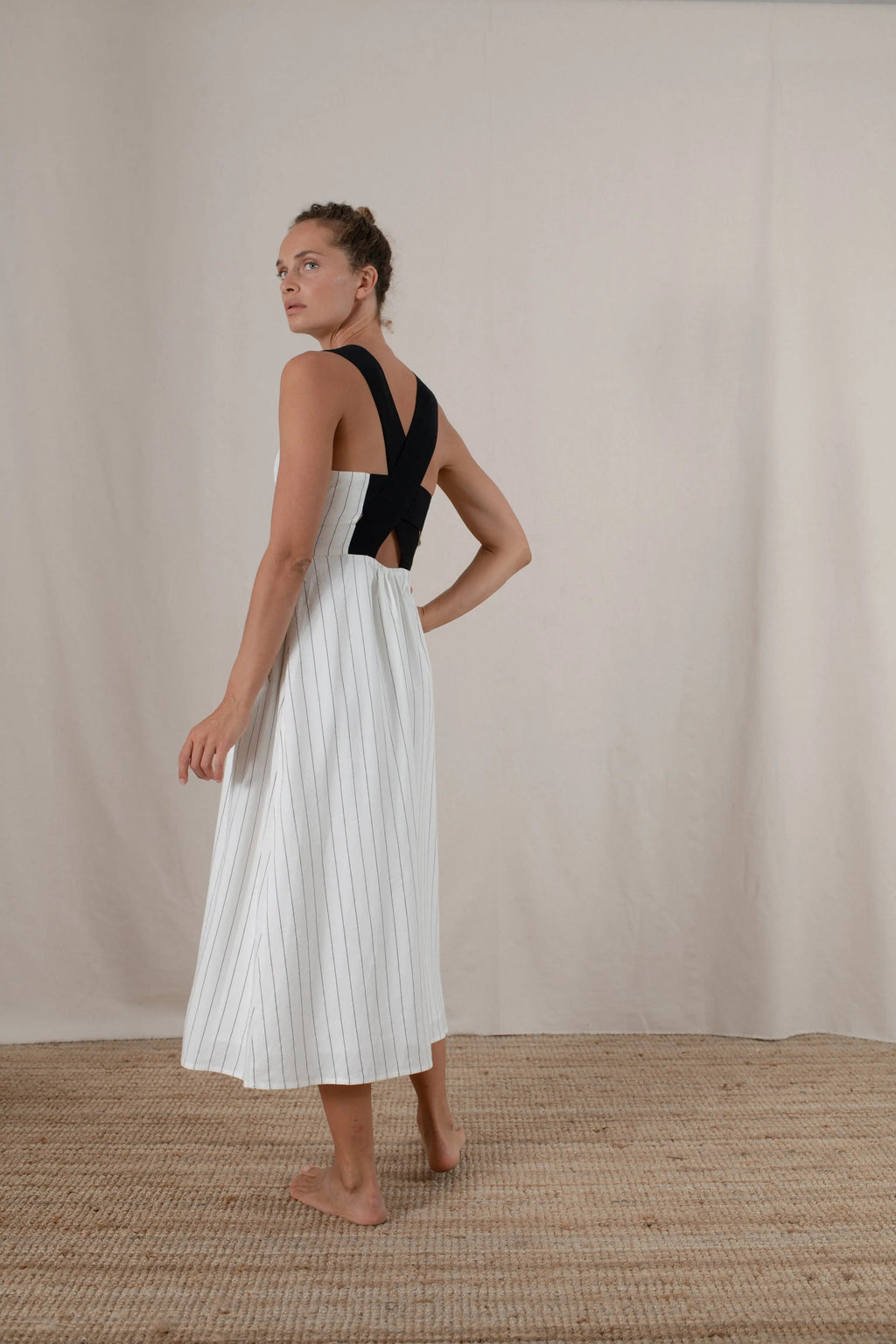 Linen Midi Dress White Pinstripe