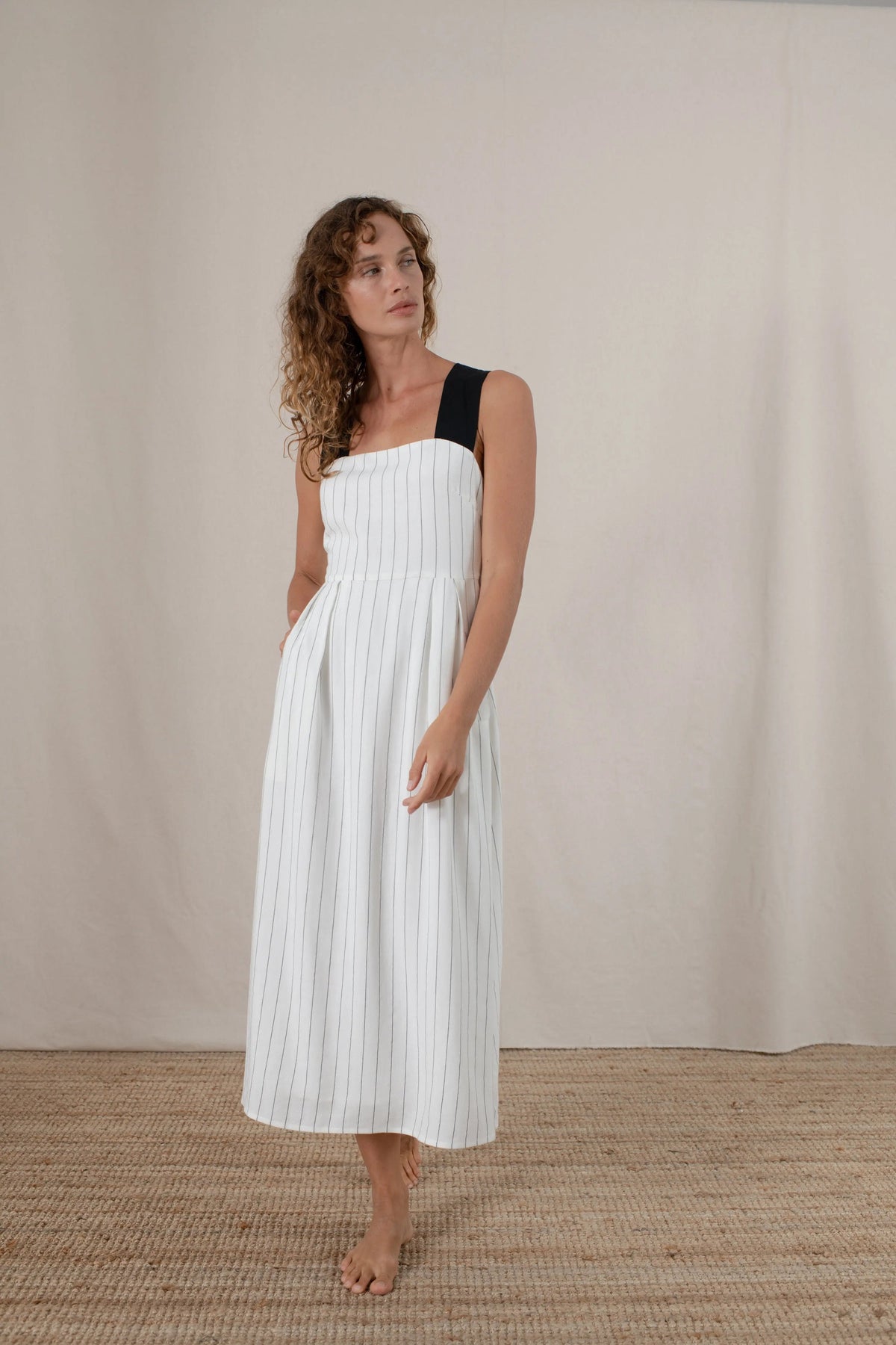 Linen Midi Dress White Pinstripe