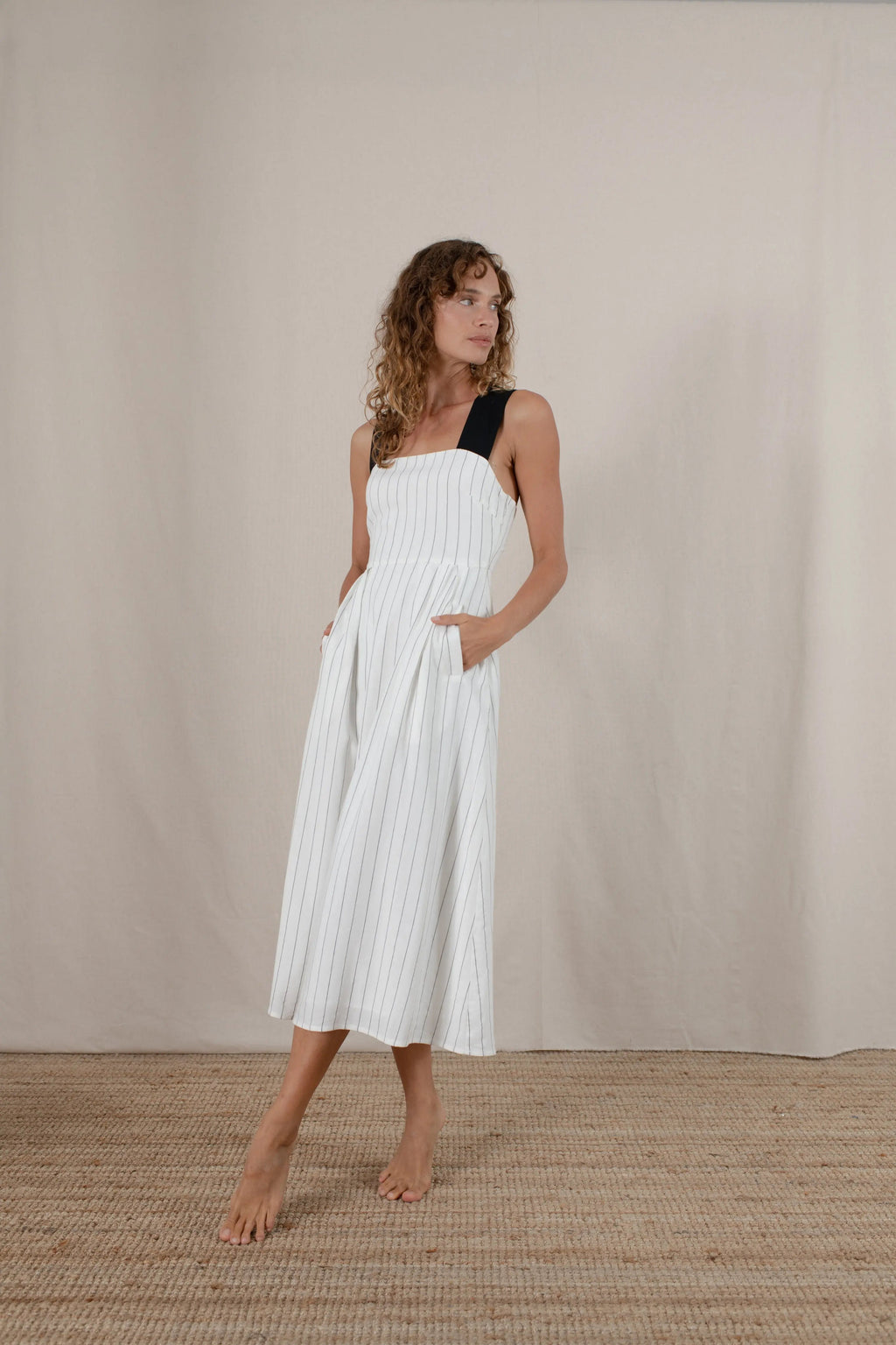Linen Midi Dress White Pinstripe