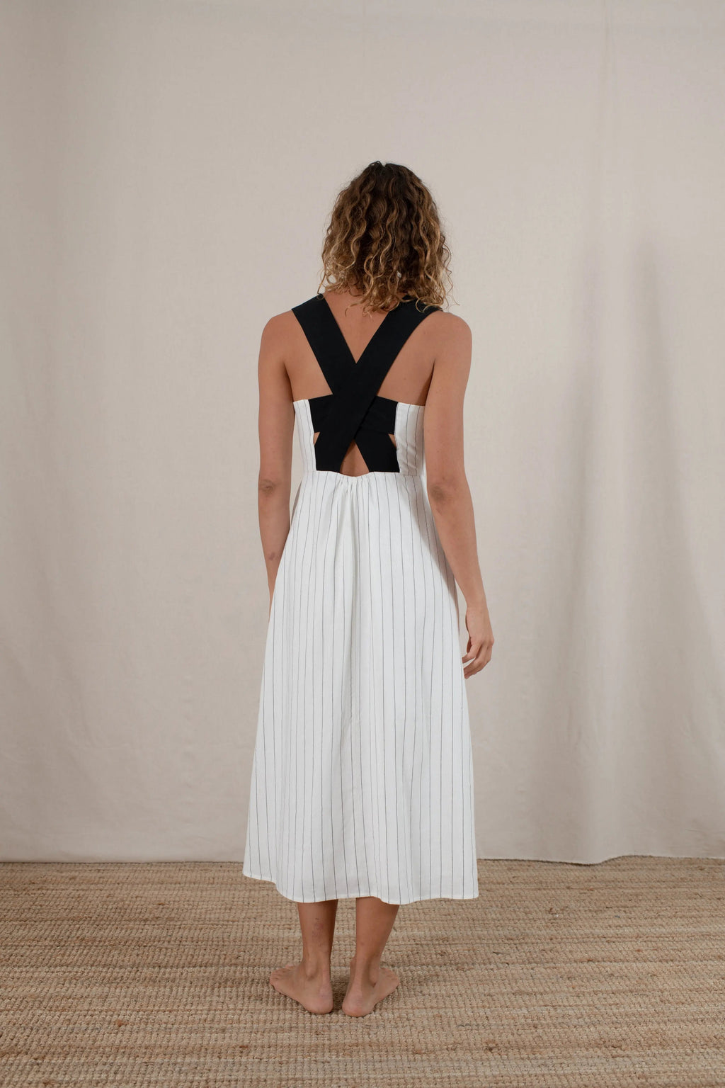 Linen Midi Dress White Pinstripe