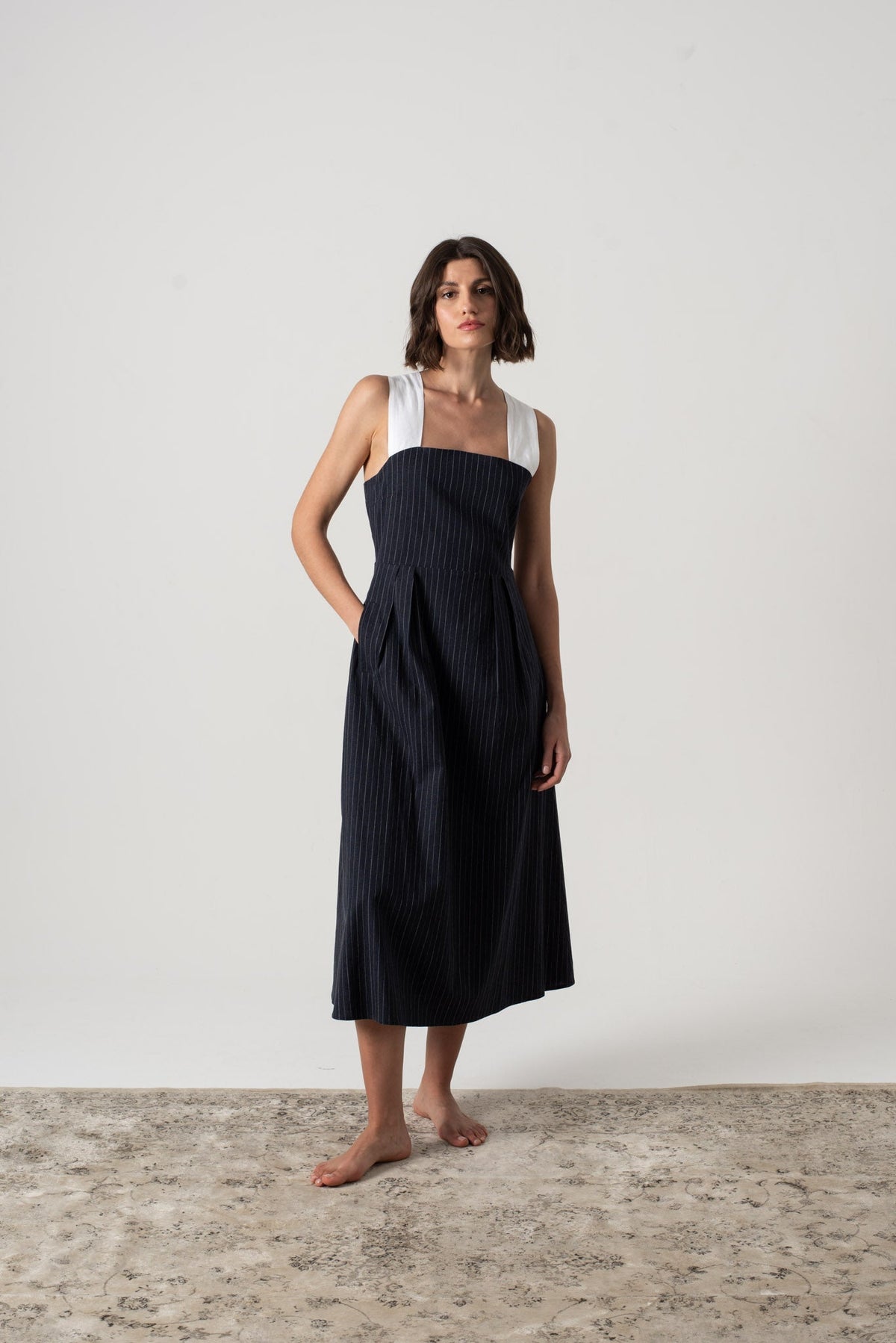 Linen Midi Dress Navy Pinstripe
