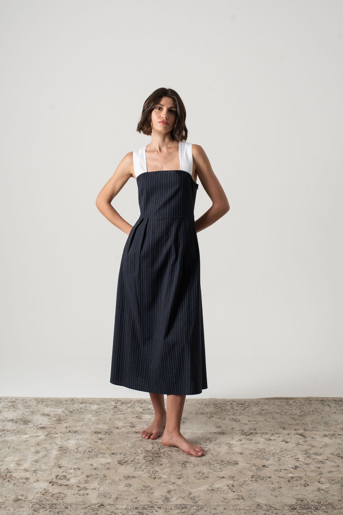 Linen Midi Dress Navy Pinstripe