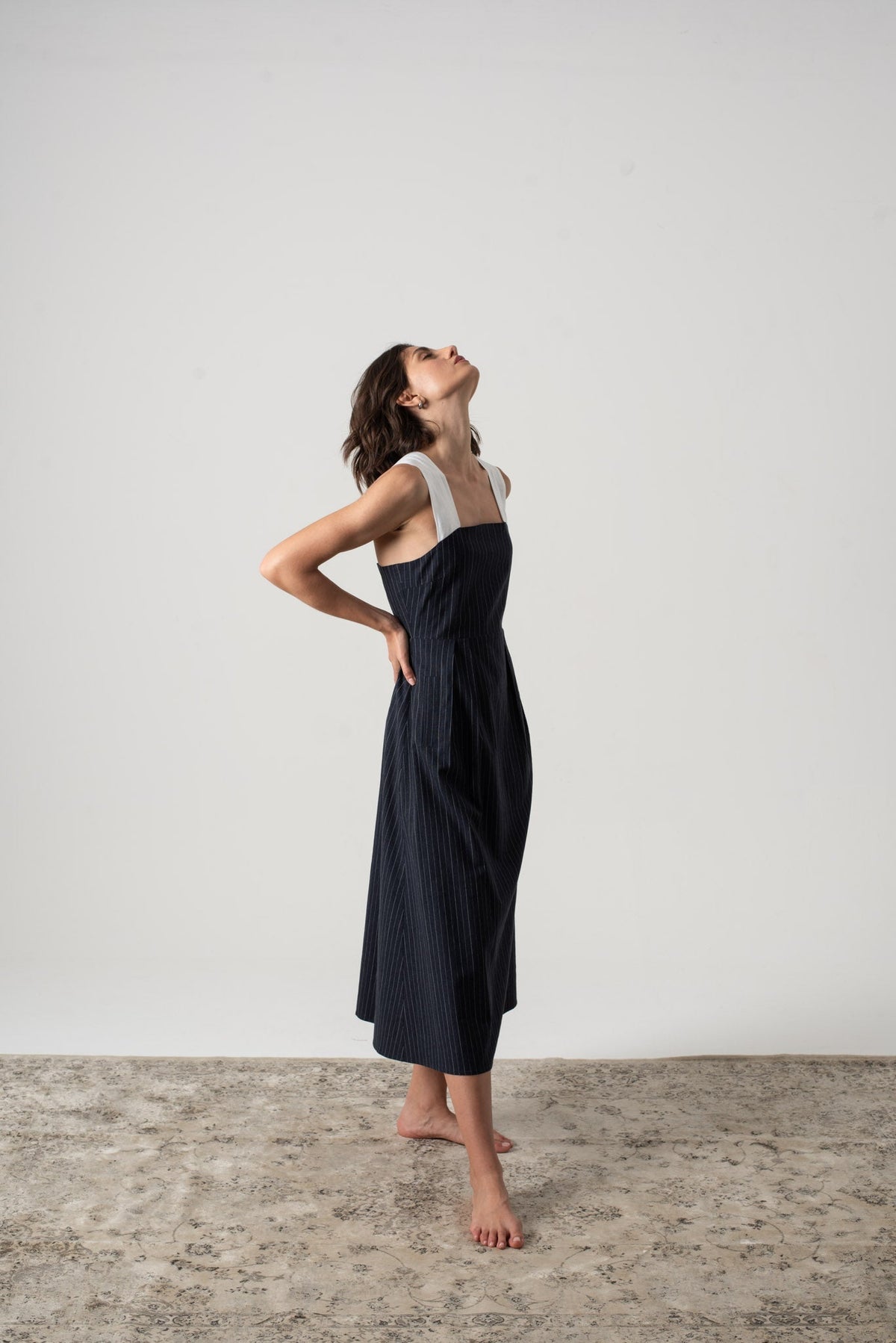 Linen Midi Dress Navy Pinstripe