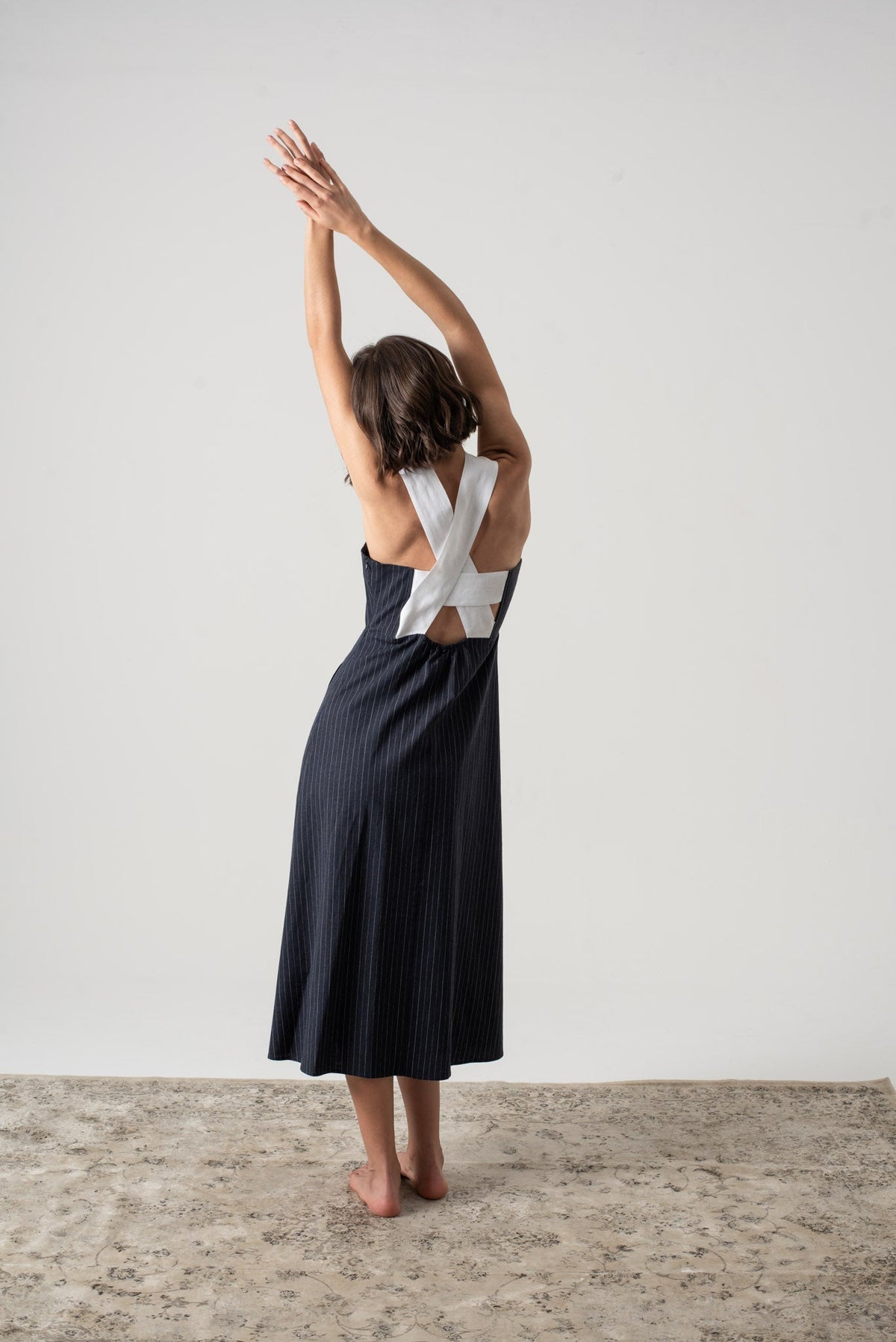 Linen Midi Dress Navy Pinstripe