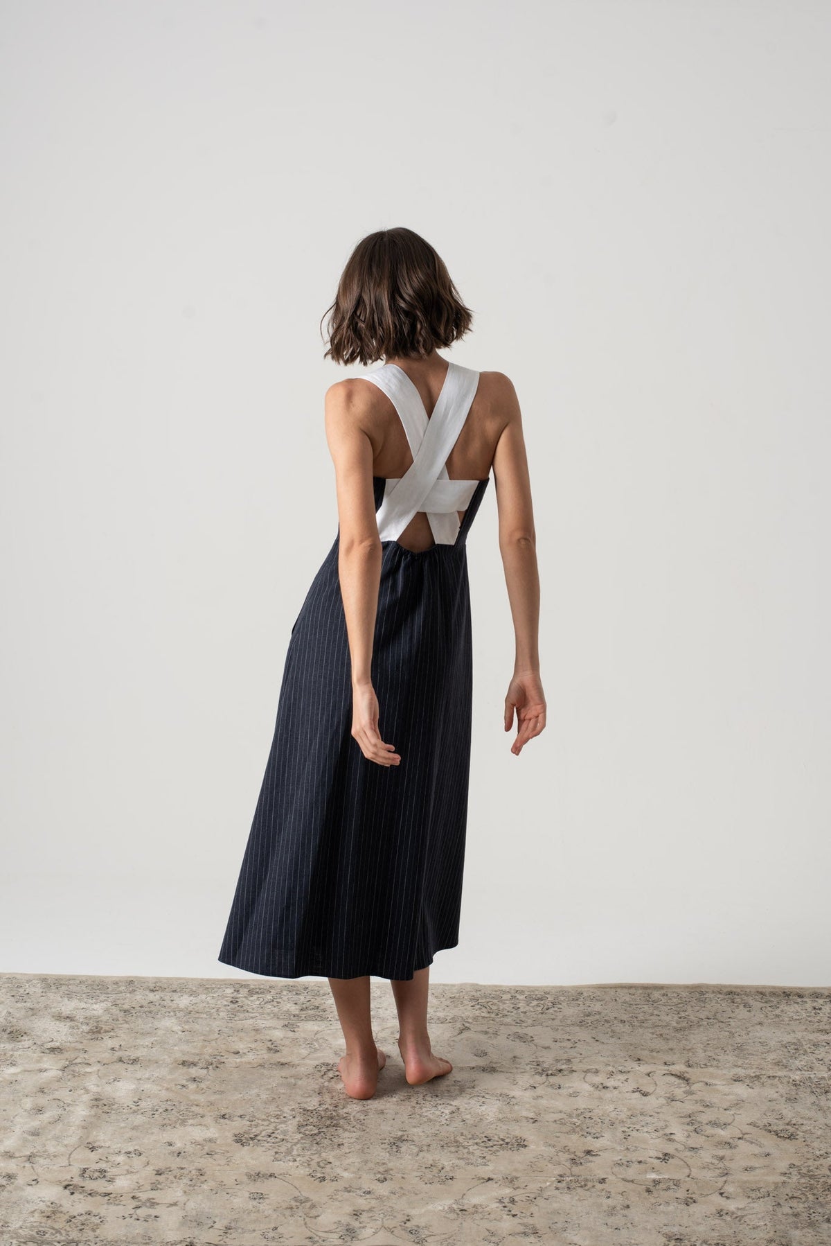 Linen Midi Dress Navy Pinstripe