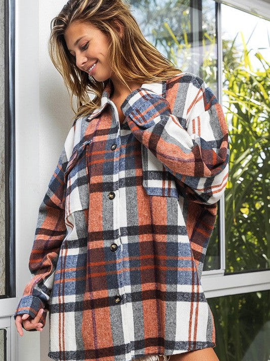 Big Checkered Point Long Sleeve Textured Shacket