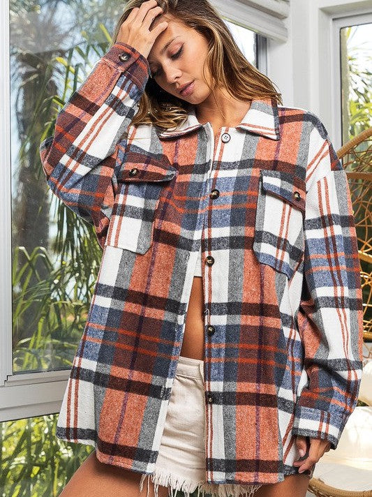 Big Checkered Point Long Sleeve Textured Shacket