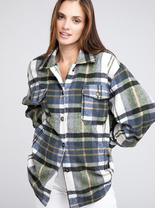 Big Checkered Point Long Sleeve Textured Shacket