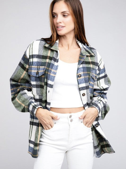 Big Checkered Point Long Sleeve Textured Shacket