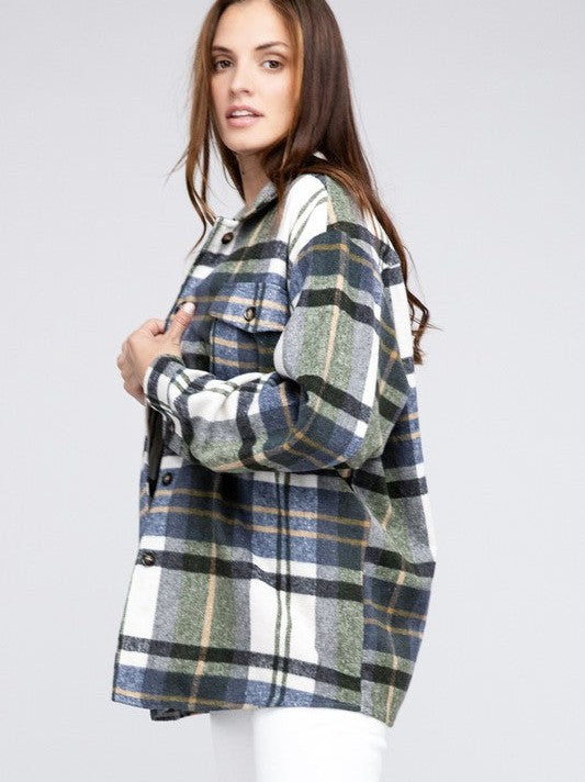 Big Checkered Point Long Sleeve Textured Shacket