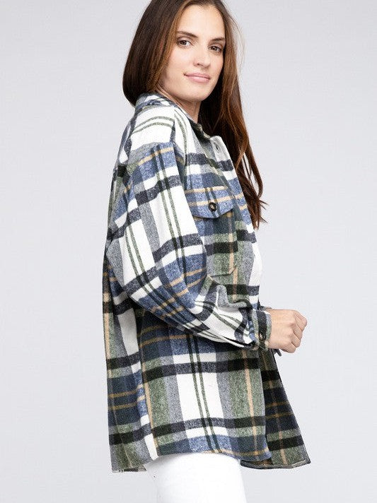 Big Checkered Point Long Sleeve Textured Shacket
