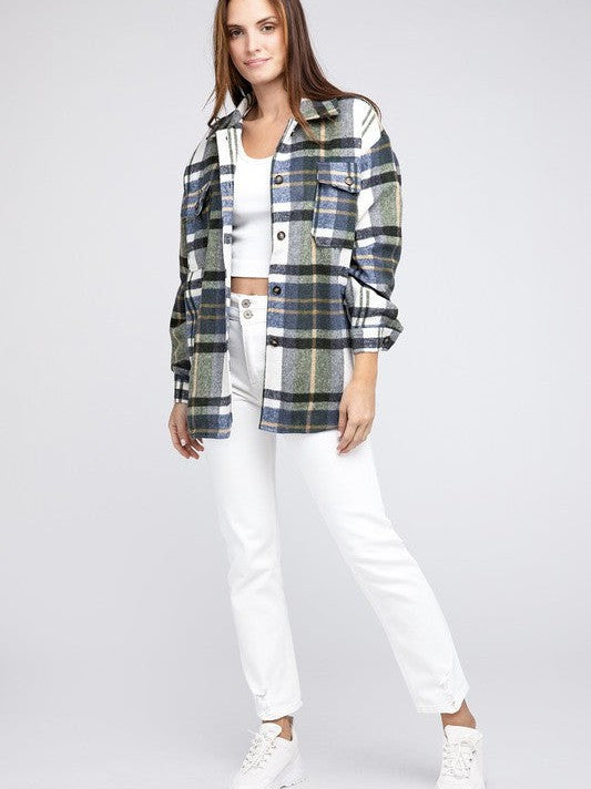 Big Checkered Point Long Sleeve Textured Shacket