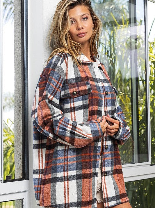 Big Checkered Point Long Sleeve Textured Shacket