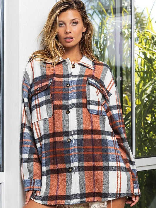 Big Checkered Point Long Sleeve Textured Shacket