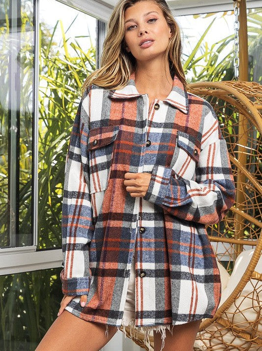 Big Checkered Point Long Sleeve Textured Shacket