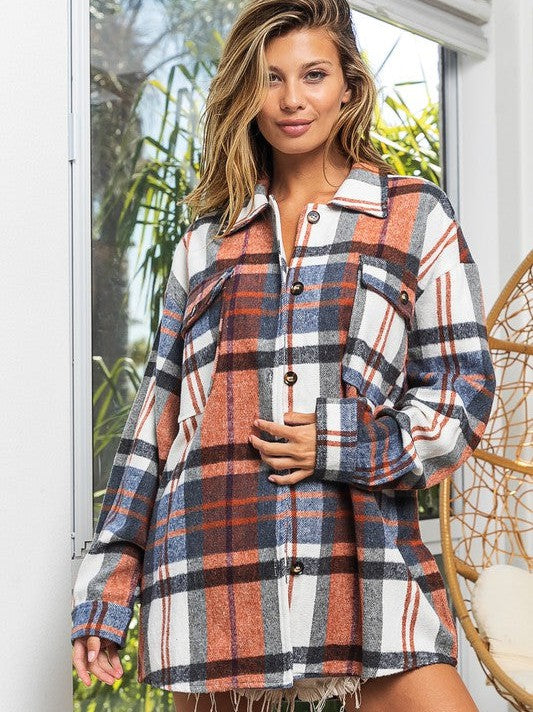Big Checkered Point Long Sleeve Textured Shacket