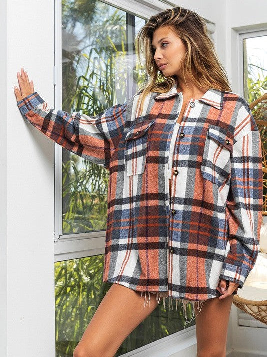 Big Checkered Point Long Sleeve Textured Shacket