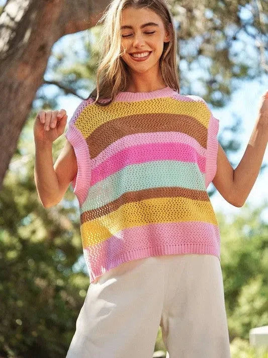 Multi Striped Sleeveless Knit Sweater