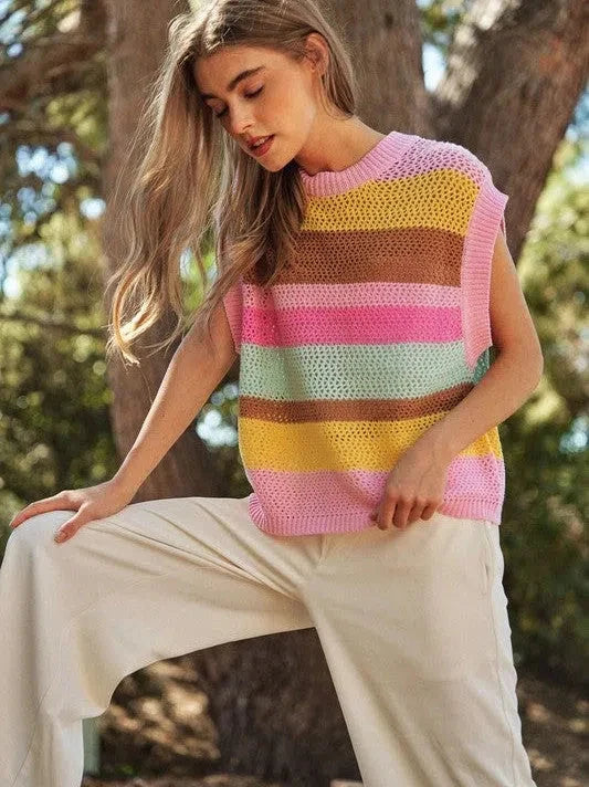 Multi Striped Sleeveless Knit Sweater